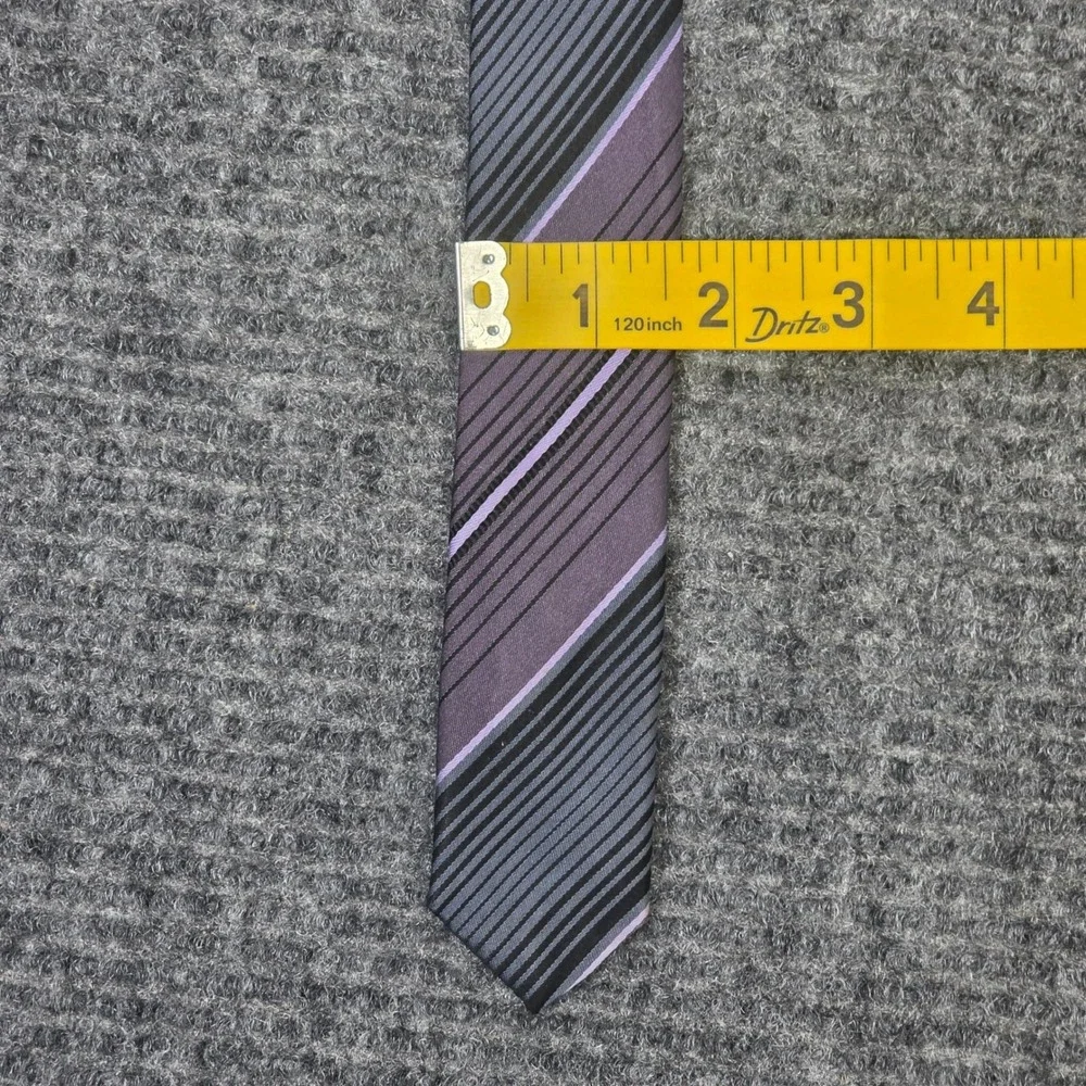 Umo Lorenzo Silk Necktie Men's Purple Grey Black Diagonal‎ Striped Hand Made